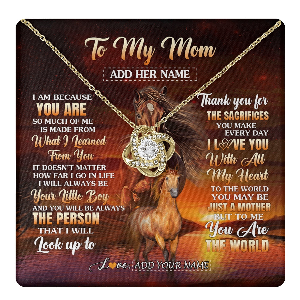 Love Knot Necklace 18K Yellow Gold Finish | 1 | Personalized To My Mom Necklace From Son Thank You For The Sacrifices Horse Mom Birthday Mothers Day Thanksgiving Christmas Custom Gift Box Message Card | https://teecentury.