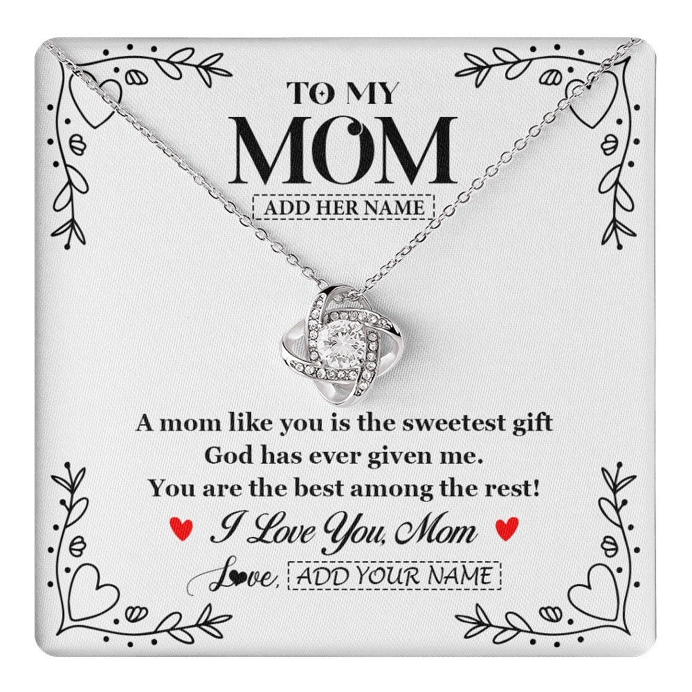 Love Knot Necklace 14K White Gold Finish | 1 | Personalized To My Mom Necklace Gifts From Daughter Son You Are The Sweetest Gift God Gave Me Mom Birthday Mothers Day Christmas Custom Gift Box Message Card | https://teecentury.