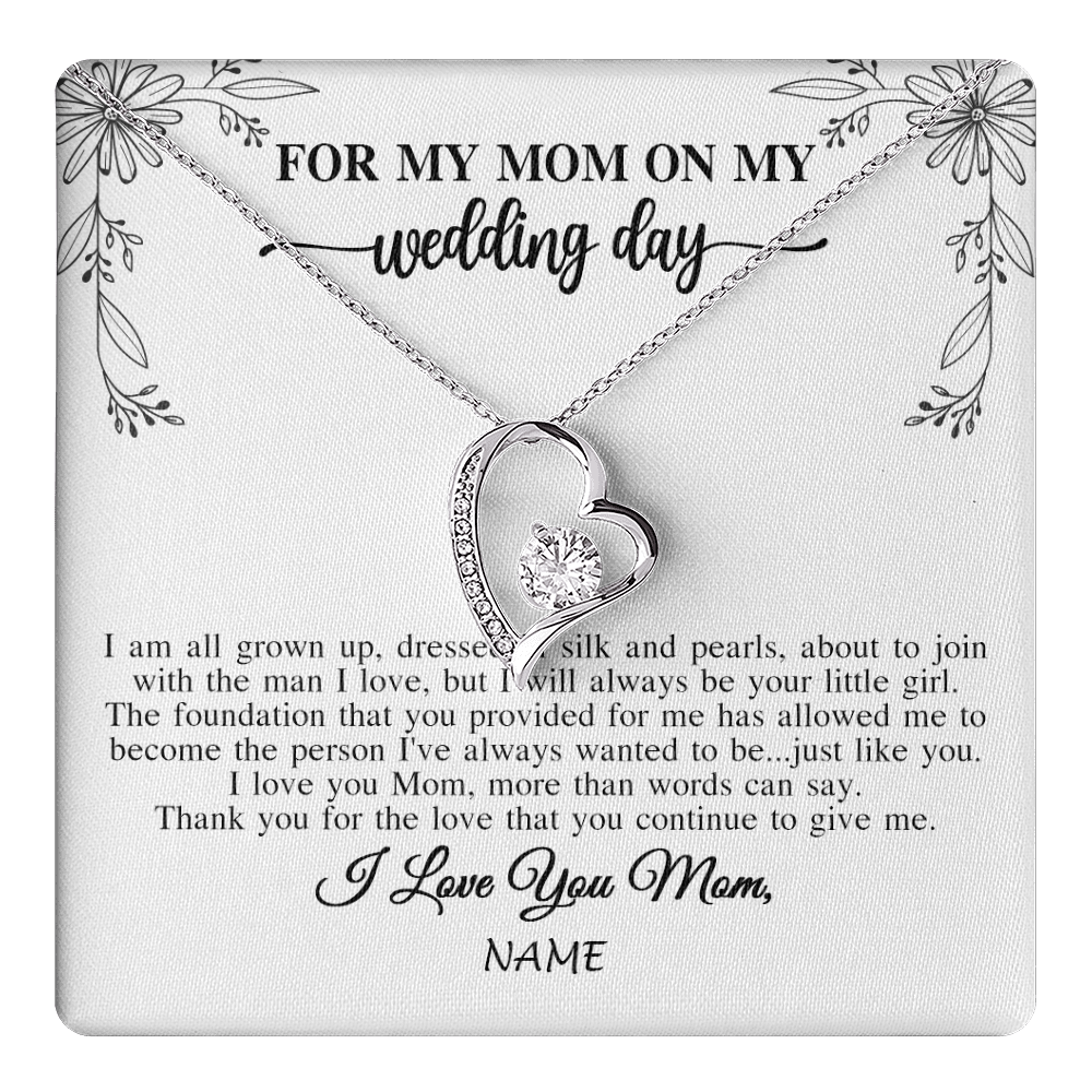 Forever Love Necklace 14K White Gold Finish | 1 | Personalized To My Mom On My Wedding Day Necklace From Daughter Bride I Love You Mom Mother Jewelry Customized Gift Box Message Card | teecentury