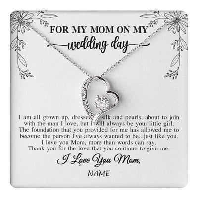 Forever Love Necklace 14K White Gold Finish | 1 | Personalized To My Mom On My Wedding Day Necklace From Daughter Bride I Love You Mom Mother Jewelry Customized Gift Box Message Card | teecentury