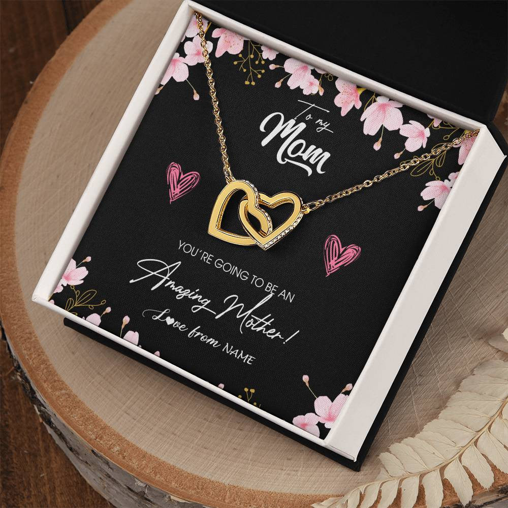 Interlocking Hearts Necklace 18K Yellow Gold Finish | Personalized To My Mom Pregnancy Necklace Expecting New Mom Amazing Mother First Time Mom Pregnant Mother To Be Mothers Day Customized Gift Box Message Card | teecentury