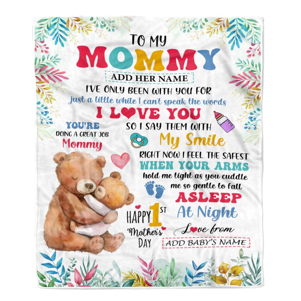 Personalized To My Mommy Blanket From Baby's Name Bump Bear Custom Name Hi Mommy First Time Gifts 1st Mother's Day Customized Fleece Throw Blanket | teecentury
