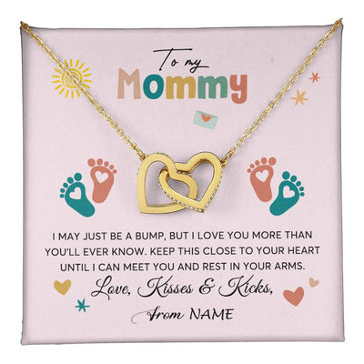 Interlocking Hearts Necklace 18K Yellow Gold Finish | 1 | Personalized To My Mommy From Your Tummy Necklace Unborn Baby Bump Expecting Mom Mommy Pregnant Wife New Mom Mothers Day Customized Gift Box Message Card | teecentury