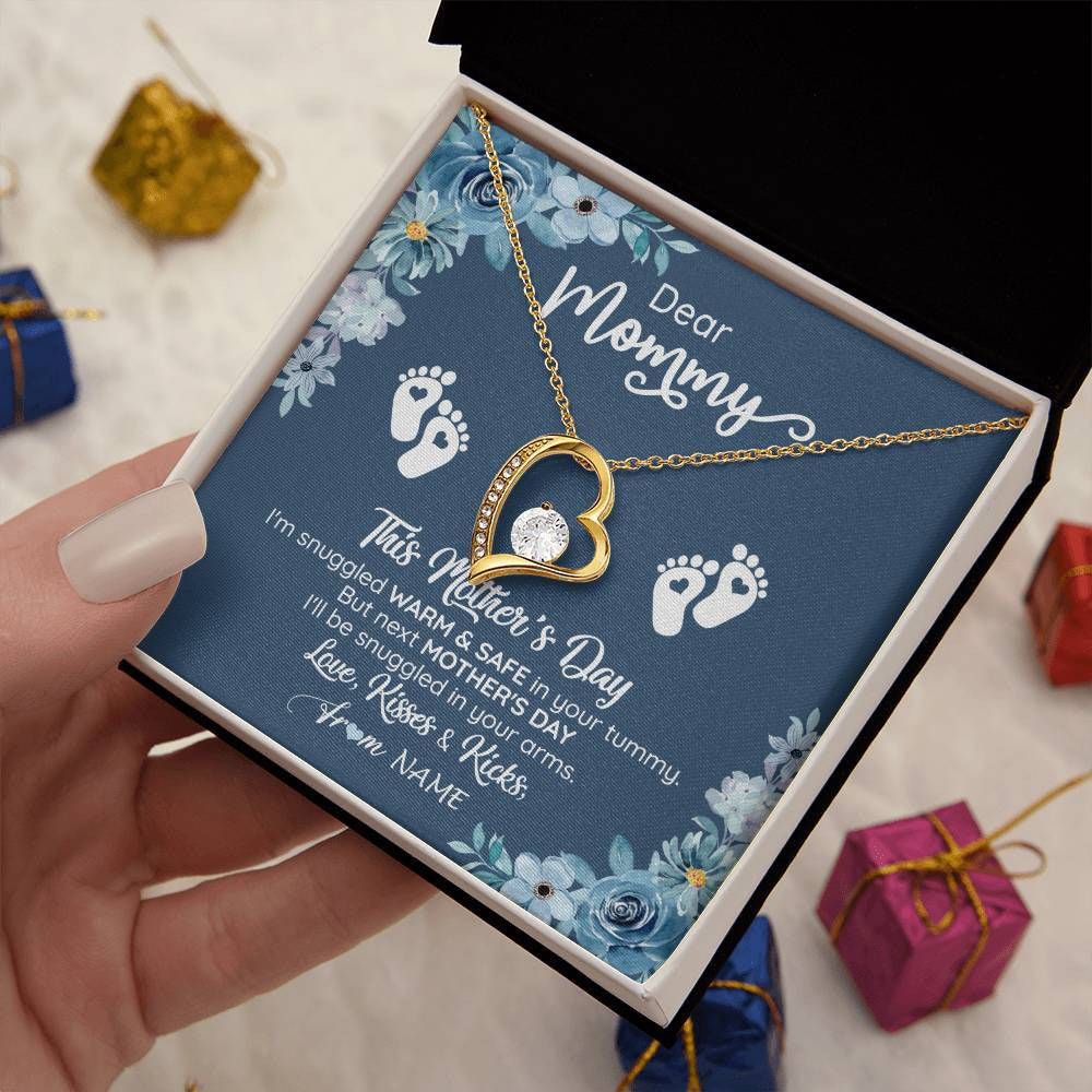 Forever Love Necklace 18K Yellow Gold Finish | 2 | Personalized To My Mommy From Your Tummy Necklace Unborn Baby Bump Expecting Mom Pregnant Wife New Mom Mothers Day Customized Gift Box Message Card | teecentury