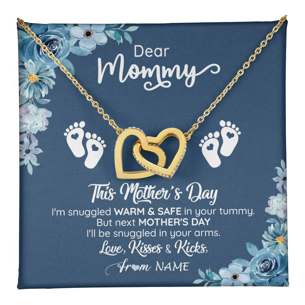 Interlocking Hearts Necklace 18K Yellow Gold Finish | 1 | Personalized To My Mommy From Your Tummy Necklace Unborn Baby Bump Expecting Mom Pregnant Wife New Mom Mothers Day Customized Gift Box Message Card | teecentury