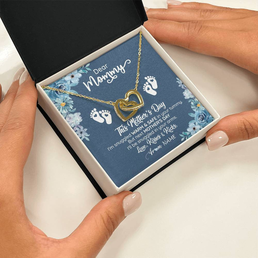 Interlocking Hearts Necklace 18K Yellow Gold Finish | 2 | Personalized To My Mommy From Your Tummy Necklace Unborn Baby Bump Expecting Mom Pregnant Wife New Mom Mothers Day Customized Gift Box Message Card | teecentury