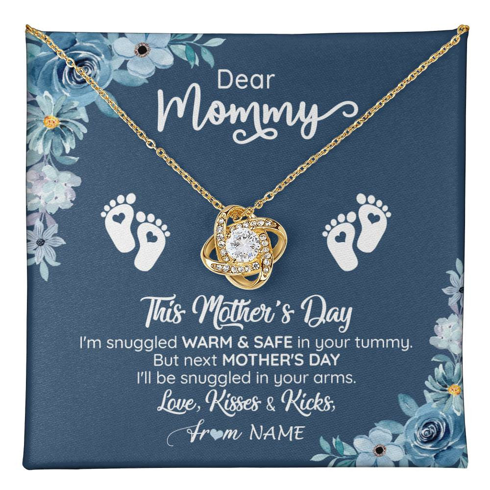 Love Knot Necklace 18K Yellow Gold Finish | 1 | Personalized To My Mommy From Your Tummy Necklace Unborn Baby Bump Expecting Mom Pregnant Wife New Mom Mothers Day Customized Gift Box Message Card | teecentury