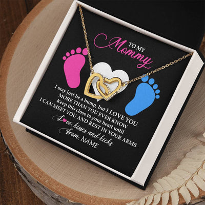 Interlocking Hearts Necklace 18K Yellow Gold Finish | Personalized To My Mommy Necklace Heart Feet Baby First Time for Pregnant Mom Happy 1st Mothers Day Customized Gift Box and Message Card | teecentury