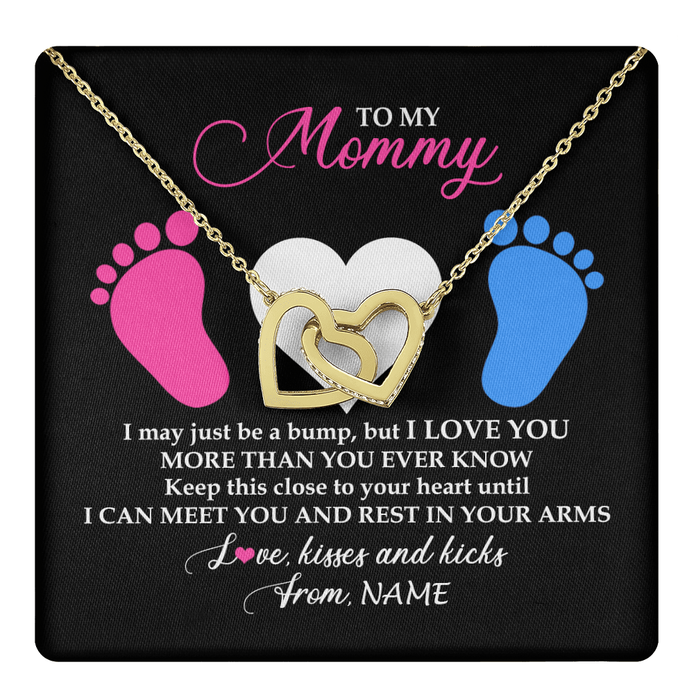 Interlocking Hearts Necklace 18K Yellow Gold Finish | 1 | Personalized To My Mommy Necklace Heart Feet Baby First Time for Pregnant Mom Happy 1st Mothers Day Customized Gift Box and Message Card | teecentury