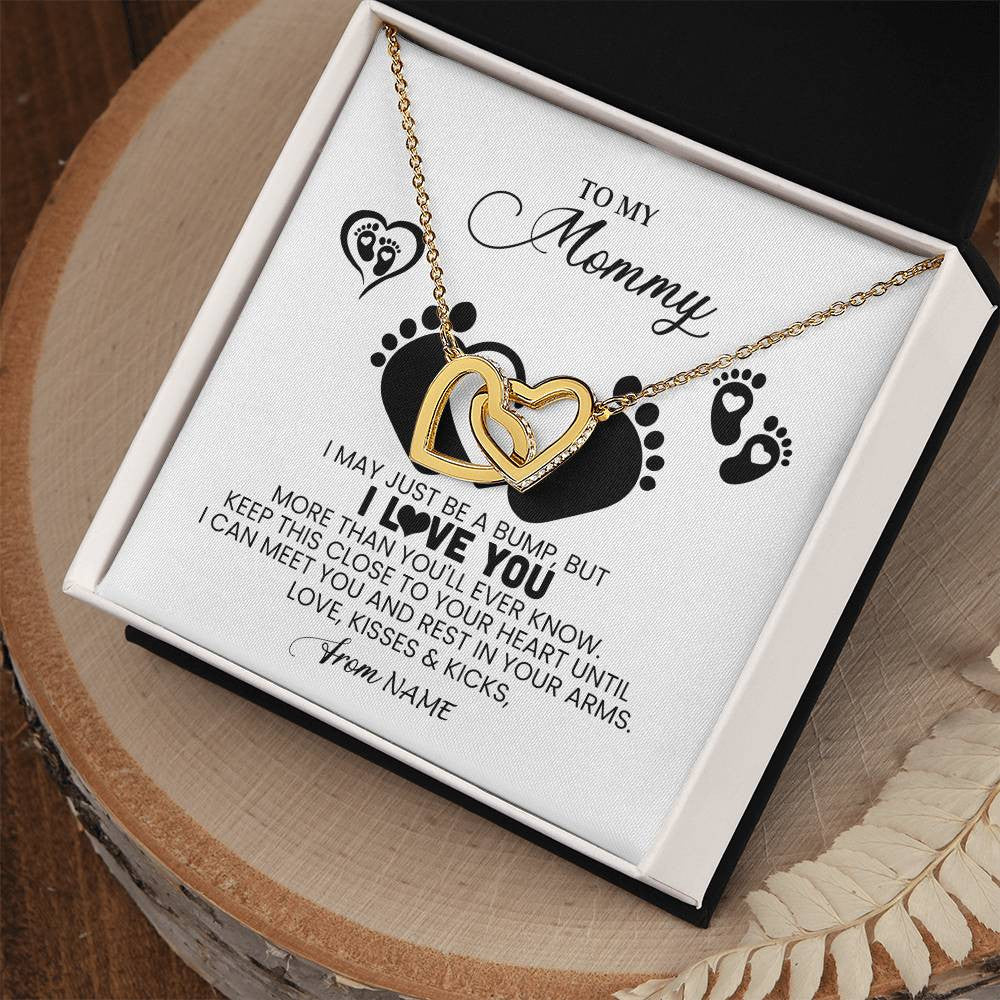 Interlocking Hearts Necklace 18K Yellow Gold Finish | Personalized To My Mommy Necklace Heart Feet New Mom To Be Baby Pregnancy Mom First Time Mom Happy 1st Mothers Day Customized Gift Box and Message Card | teecentury