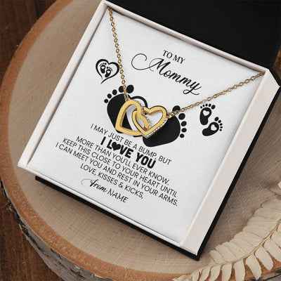 Interlocking Hearts Necklace 18K Yellow Gold Finish | Personalized To My Mommy Necklace Heart Feet New Mom To Be Baby Pregnancy Mom First Time Mom Happy 1st Mothers Day Customized Gift Box and Message Card | teecentury