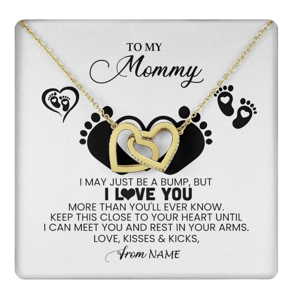 Interlocking Hearts Necklace 18K Yellow Gold Finish | 1 | Personalized To My Mommy Necklace Heart Feet New Mom To Be Baby Pregnancy Mom First Time Mom Happy 1st Mothers Day Customized Gift Box and Message Card | teecentury