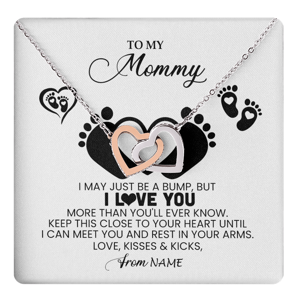 Interlocking Hearts Necklace Stainless Steel & Rose Gold Finish | 1 | Personalized To My Mommy Necklace Heart Feet New Mom To Be Baby Pregnancy Mom First Time Mom Happy 1st Mothers Day Customized Gift Box and Message Card | teecentury