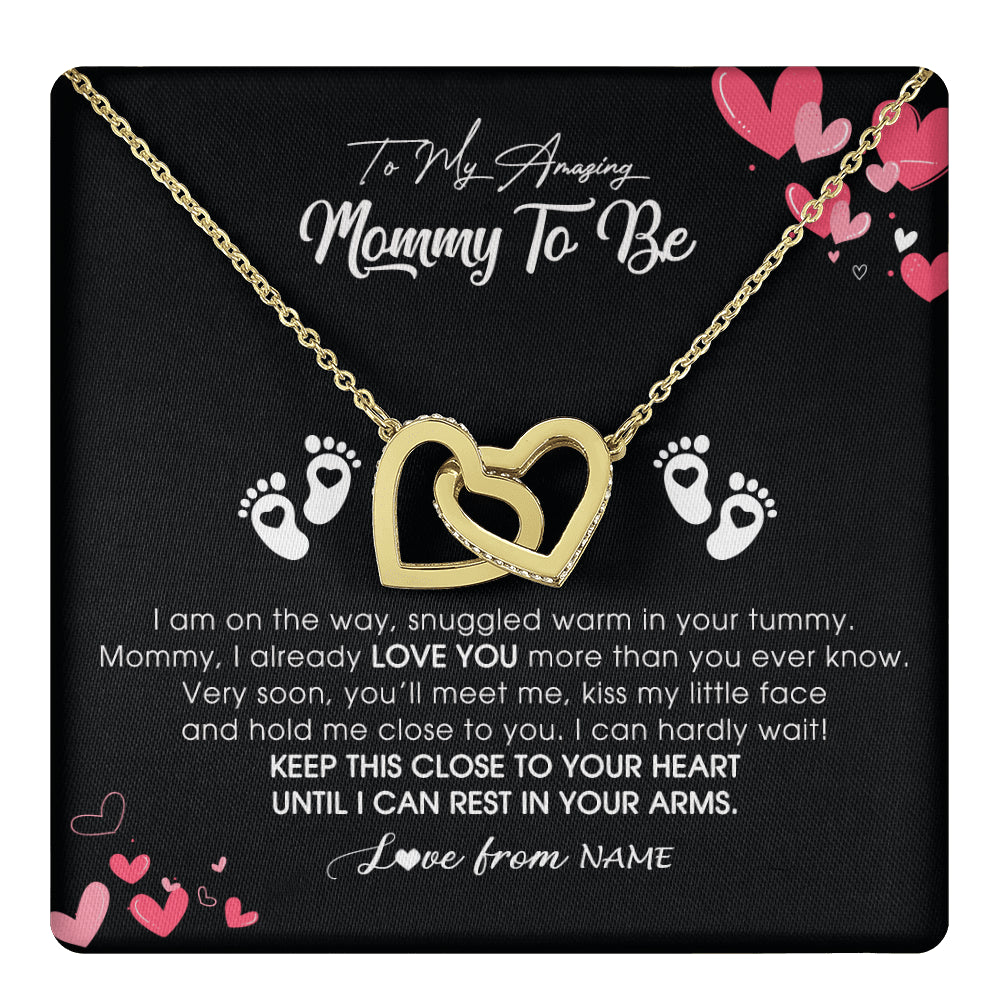 Interlocking Hearts Necklace 18K Yellow Gold Finish | 1 | Personalized To My Mommy To Be Necklace Never ending From Baby Bump For First Time Mom Pregnant Happy 1st Mothers Day Jewelry Customized Gift Box Message Card | teecentury