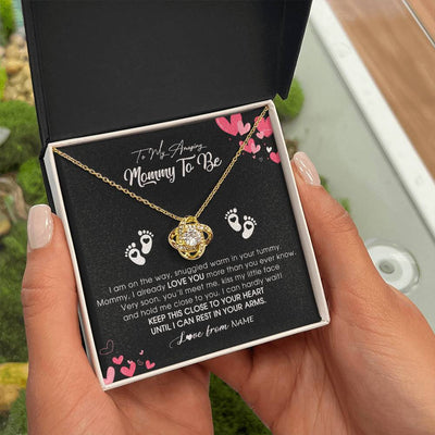 Love Knot Necklace 18K Yellow Gold Finish | Personalized To My Mommy To Be Necklace Never ending From Baby Bump For First Time Mom Pregnant Happy 1st Mothers Day Jewelry Customized Gift Box Message Card | teecentury
