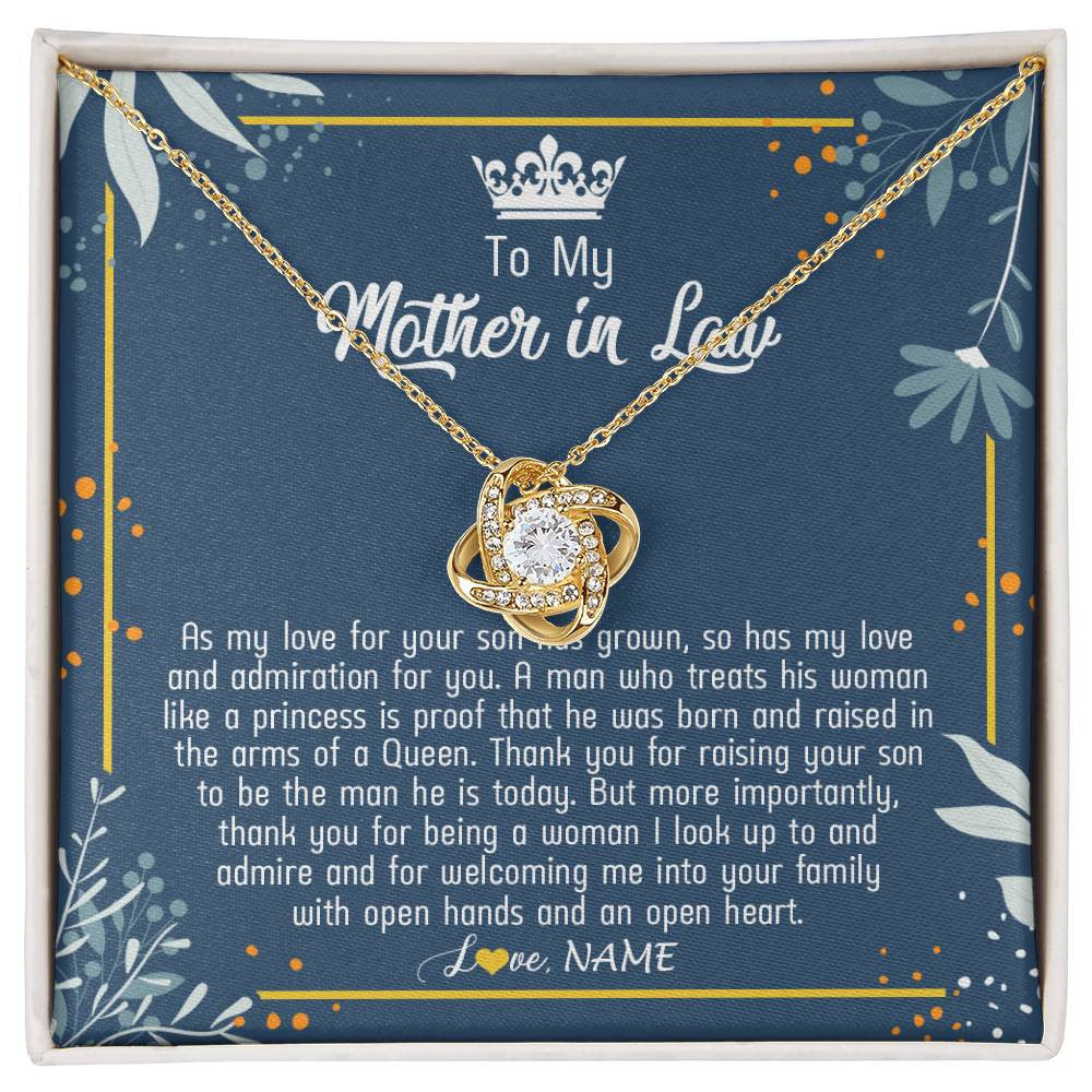 Love Knot Necklace 18K Yellow Gold Finish | Personalized To My Mother In Law Necklace As My Love For Your Son Mother's Day Husband's Mom Birthday Anniversary Christmas Customized Gift Box Message Card | teecentury