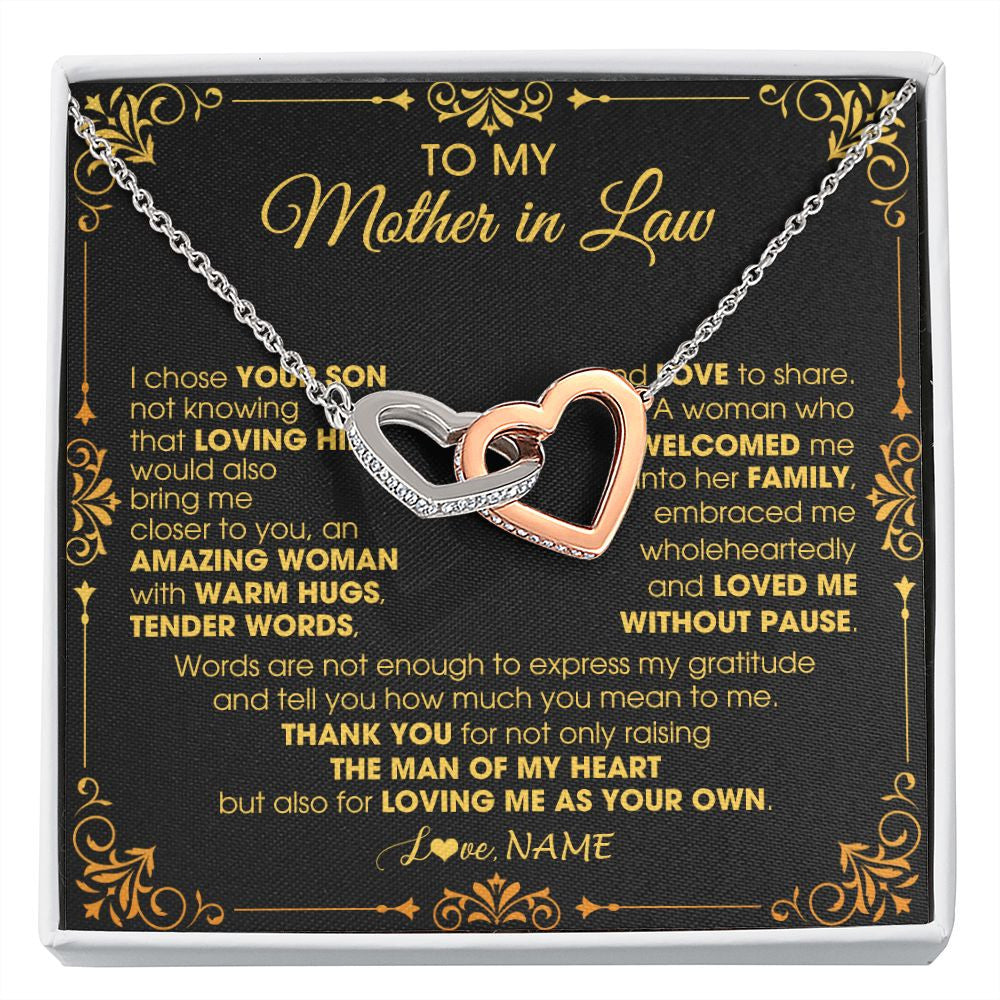 Interlocking Hearts Necklace | Personalized To My Mother In Law Necklace From Daughter I Chose You Son Mother In Law Mothers Day Birthday Wedding Christmas Customized Gift Box Message Card | teecentury