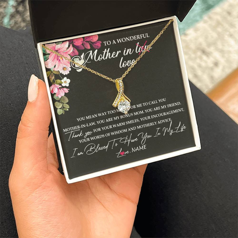 Alluring Beauty Necklace 18K Yellow Gold Finish | Personalized To My Mother In Law Necklace From Daughter In Law You Are My Bonus Mom Jewelry Birthday Mothers Day Christmas Customized Gift Box Message Card | teecentury