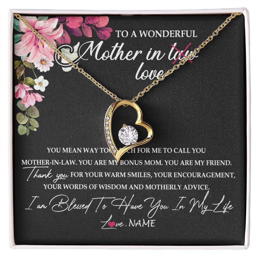 Forever Love Necklace 18K Yellow Gold Finish | Personalized To My Mother In Law Necklace From Daughter In Law You Are My Bonus Mom Jewelry Birthday Mothers Day Christmas Customized Gift Box Message Card | teecentury