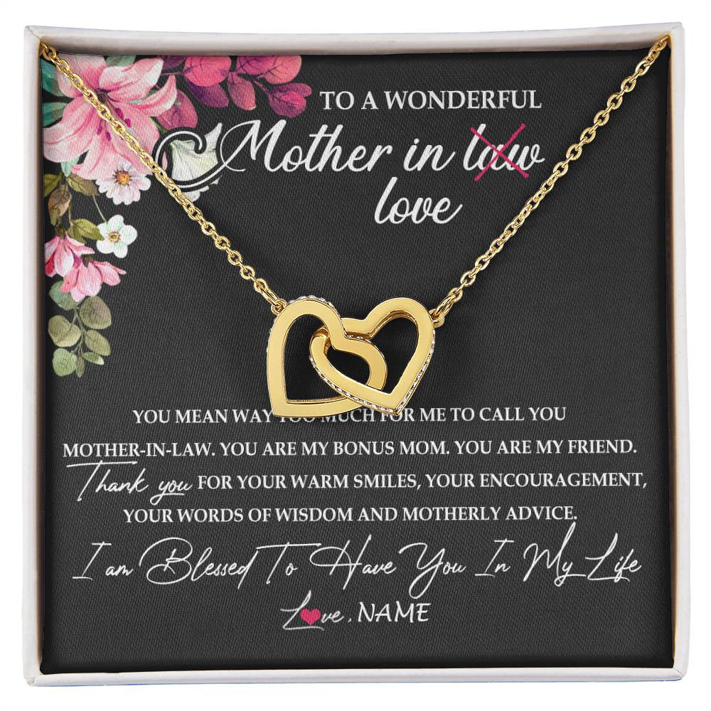 Interlocking Hearts Necklace 18K Yellow Gold Finish | Personalized To My Mother In Law Necklace From Daughter In Law You Are My Bonus Mom Jewelry Birthday Mothers Day Christmas Customized Gift Box Message Card | teecentury
