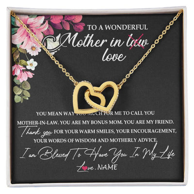 Interlocking Hearts Necklace 18K Yellow Gold Finish | Personalized To My Mother In Law Necklace From Daughter In Law You Are My Bonus Mom Jewelry Birthday Mothers Day Christmas Customized Gift Box Message Card | teecentury
