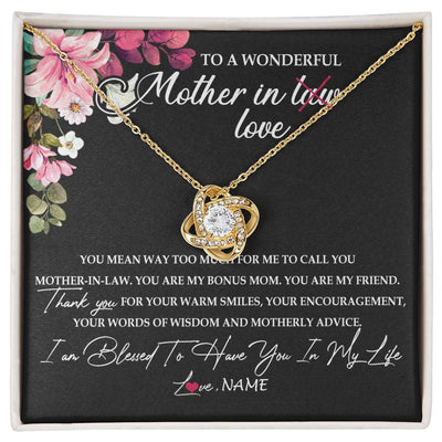 Love Knot Necklace 18K Yellow Gold Finish | Personalized To My Mother In Law Necklace From Daughter In Law You Are My Bonus Mom Jewelry Birthday Mothers Day Christmas Customized Gift Box Message Card | teecentury