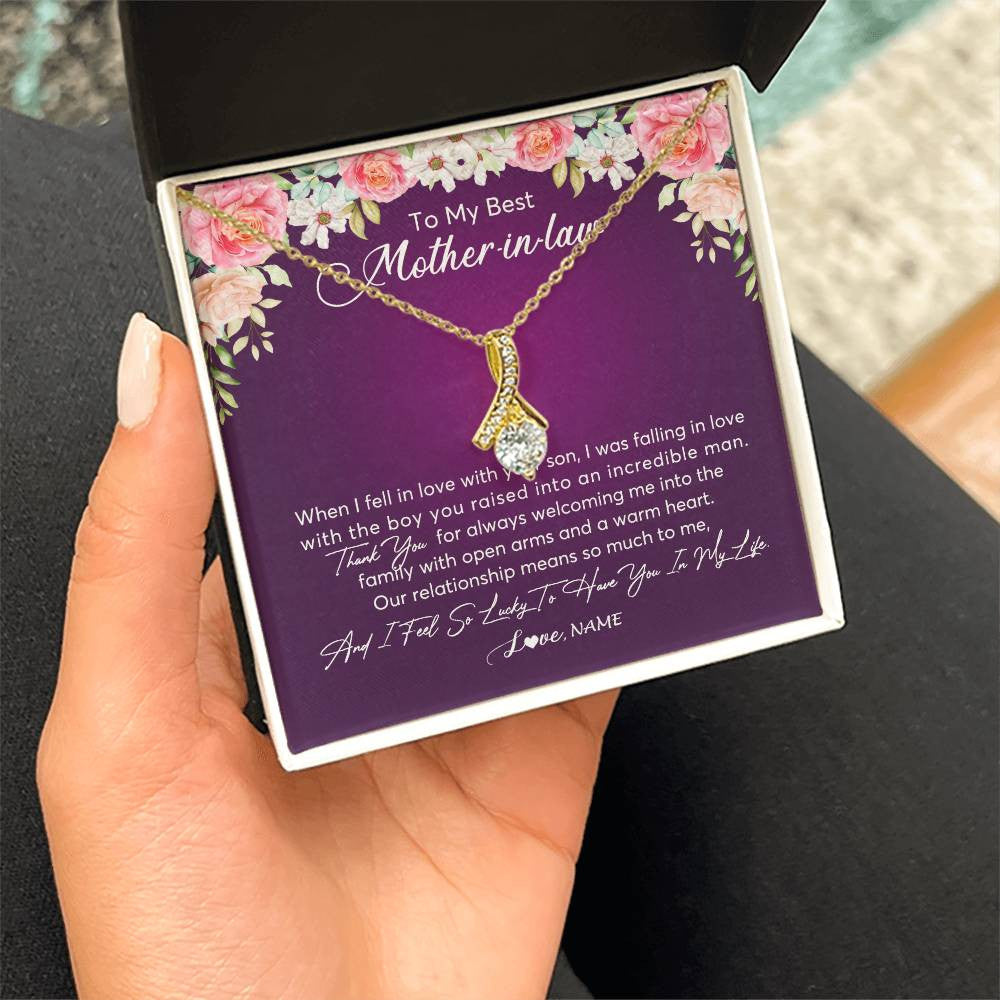 Alluring Beauty Necklace 18K Yellow Gold Finish | Personalized To My Mother In Law Necklace Thank You Mother In Law Wedding Day Birthday Monthers Day Christmas Jewelry Pendant Customized Gift Box Message Card | teecentury