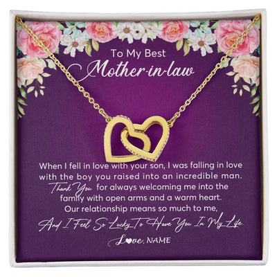 Interlocking Hearts Necklace 18K Yellow Gold Finish | Personalized To My Mother In Law Necklace Thank You Mother In Law Wedding Day Birthday Monthers Day Christmas Jewelry Pendant Customized Gift Box Message Card | teecentury
