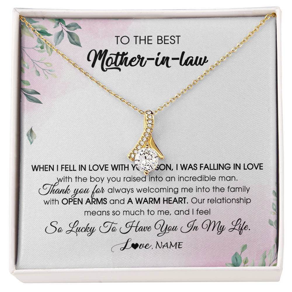 Alluring Beauty Necklace 18K Yellow Gold Finish | Personalized To My Mother In Law Necklace from Daughter In Law I Feel So Lucky Groom's Mother of My Husband Pendant Jewelry Customized Gift Box Message Card | teecentury