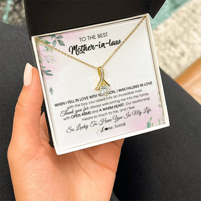 Alluring Beauty Necklace 18K Yellow Gold Finish | Personalized To My Mother In Law Necklace from Daughter In Law I Feel So Lucky Groom's Mother of My Husband Pendant Jewelry Customized Gift Box Message Card | teecentury