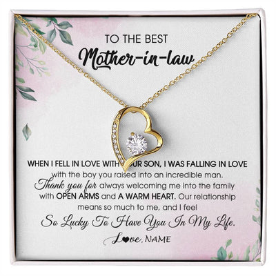 Forever Love Necklace 18K Yellow Gold Finish | Personalized To My Mother In Law Necklace from Daughter In Law I Feel So Lucky Groom's Mother of My Husband Pendant Jewelry Customized Gift Box Message Card | teecentury