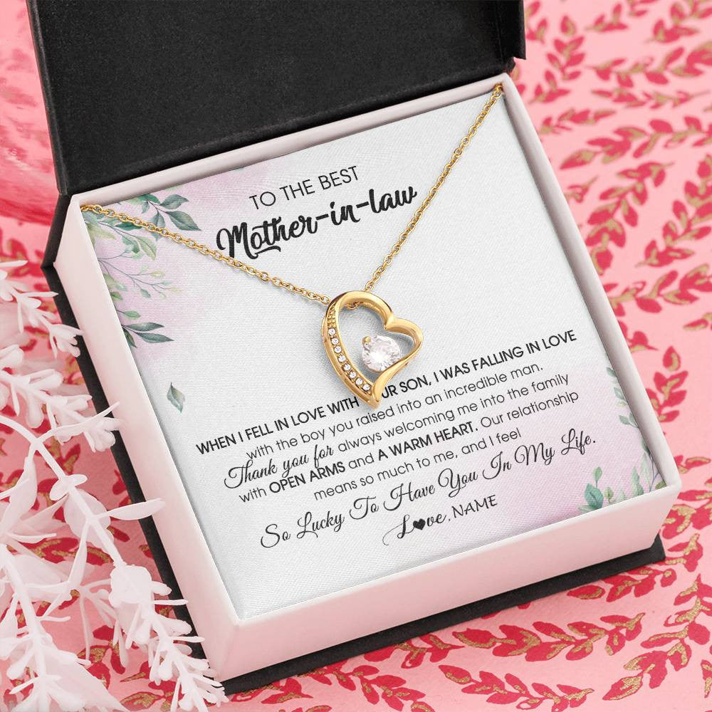 Forever Love Necklace 18K Yellow Gold Finish | Personalized To My Mother In Law Necklace from Daughter In Law I Feel So Lucky Groom's Mother of My Husband Pendant Jewelry Customized Gift Box Message Card | teecentury