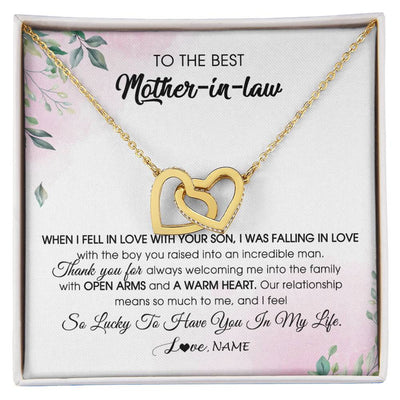 Interlocking Hearts Necklace 18K Yellow Gold Finish | Personalized To My Mother In Law Necklace from Daughter In Law I Feel So Lucky Groom's Mother of My Husband Pendant Jewelry Customized Gift Box Message Card | teecentury