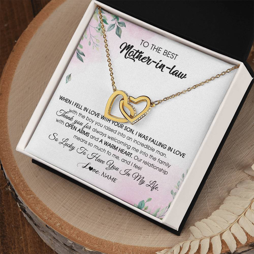 Interlocking Hearts Necklace 18K Yellow Gold Finish | Personalized To My Mother In Law Necklace from Daughter In Law I Feel So Lucky Groom's Mother of My Husband Pendant Jewelry Customized Gift Box Message Card | teecentury
