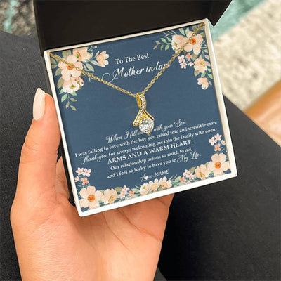 Alluring Beauty Necklace 18K Yellow Gold Finish | Personalized To My Mother In Law Necklace from Daugter In Law Feel In Love Son Mother Of My Husband Jewelry Birthday Wedding Pendant Customized Message Card | teecentury