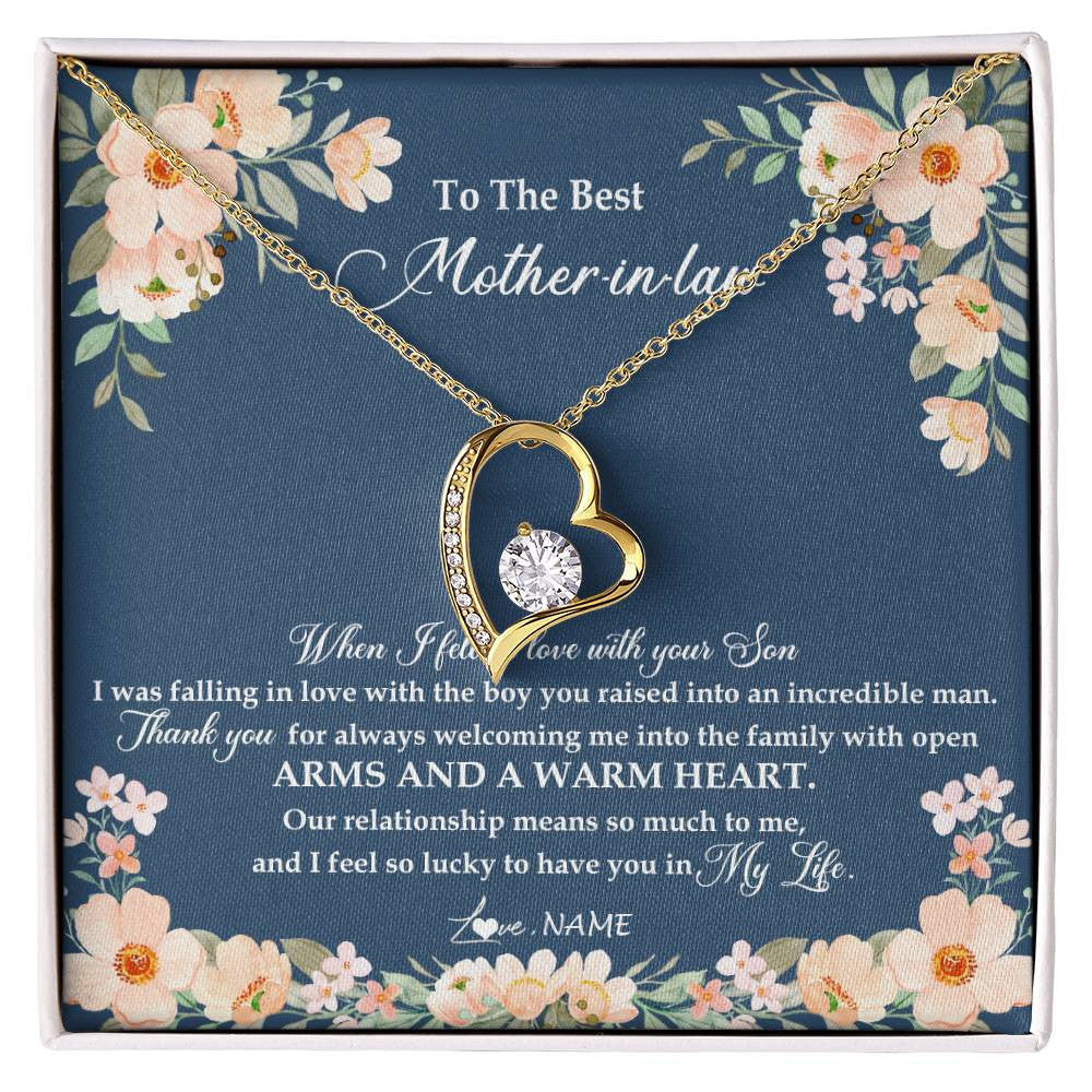 Forever Love Necklace 18K Yellow Gold Finish | Personalized To My Mother In Law Necklace from Daugter In Law Feel In Love Son Mother Of My Husband Jewelry Birthday Wedding Pendant Customized Message Card | teecentury