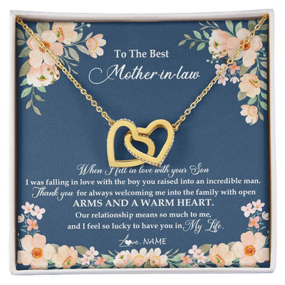Interlocking Hearts Necklace 18K Yellow Gold Finish | Personalized To My Mother In Law Necklace from Daugter In Law Feel In Love Son Mother Of My Husband Jewelry Birthday Wedding Pendant Customized Message Card | teecentury
