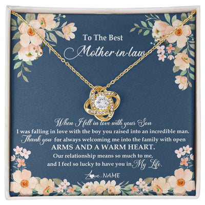 Love Knot Necklace 18K Yellow Gold Finish | Personalized To My Mother In Law Necklace from Daugter In Law Feel In Love Son Mother Of My Husband Jewelry Birthday Wedding Pendant Customized Message Card | teecentury