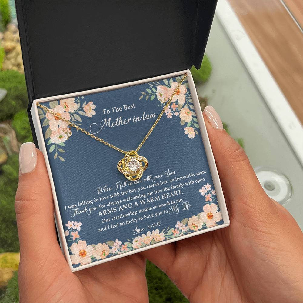 Love Knot Necklace 18K Yellow Gold Finish | Personalized To My Mother In Law Necklace from Daugter In Law Feel In Love Son Mother Of My Husband Jewelry Birthday Wedding Pendant Customized Message Card | teecentury