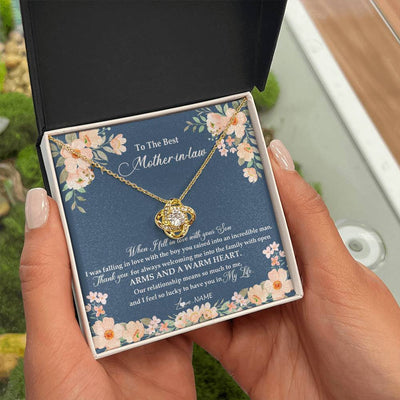 Love Knot Necklace 18K Yellow Gold Finish | Personalized To My Mother In Law Necklace from Daugter In Law Feel In Love Son Mother Of My Husband Jewelry Birthday Wedding Pendant Customized Message Card | teecentury