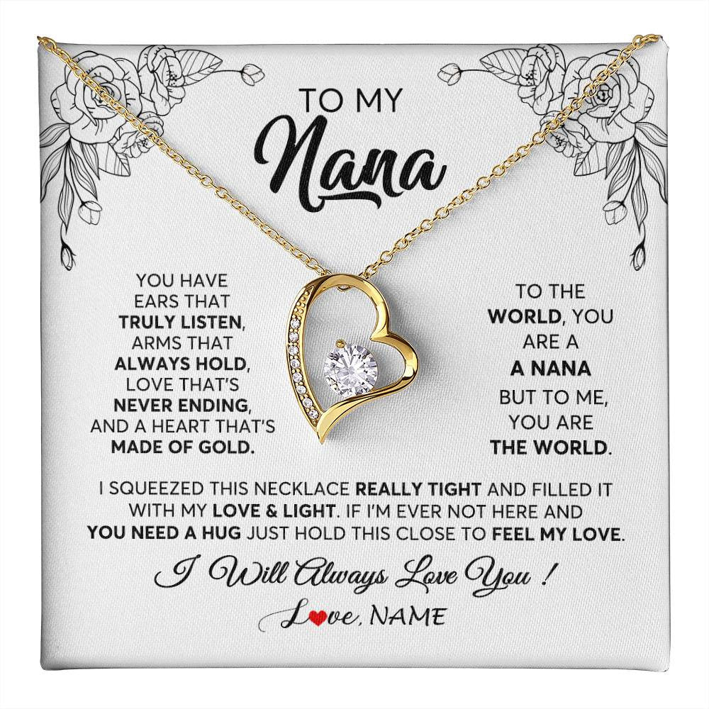 Forever Love Necklace 18K Yellow Gold Finish | 1 | Personalized To My Nana Necklace From Grandkids Granddaughter Hold This Close Feel My Love Nana Birthday Mothers Day Christmas Customized Gift Box Message Card | teecentury