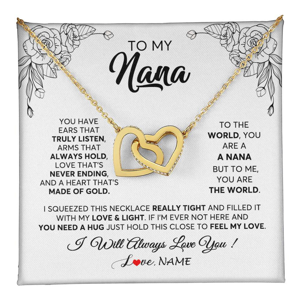 Interlocking Hearts Necklace 18K Yellow Gold Finish | 1 | Personalized To My Nana Necklace From Grandkids Granddaughter Hold This Close Feel My Love Nana Birthday Mothers Day Christmas Customized Gift Box Message Card | teecentury