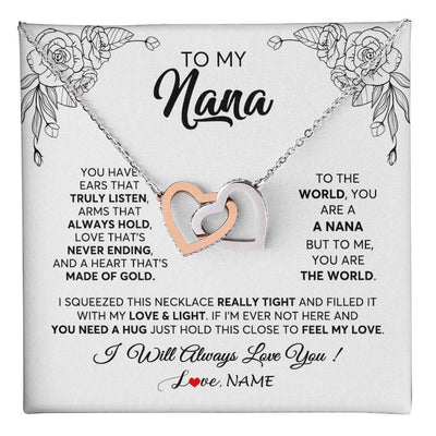 Interlocking Hearts Necklace Stainless Steel & Rose Gold Finish | 1 | Personalized To My Nana Necklace From Grandkids Granddaughter Hold This Close Feel My Love Nana Birthday Mothers Day Christmas Customized Gift Box Message Card | teecentury