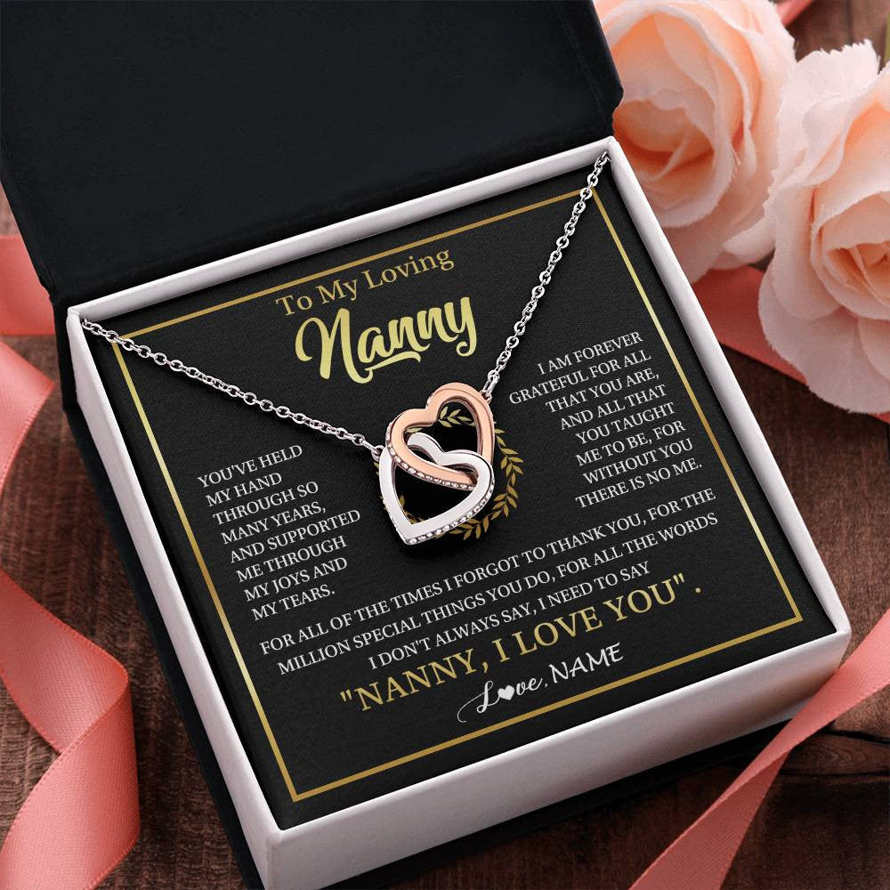 Interlocking Hearts Necklace Stainless Steel & Rose Gold Finish | 2 | Personalized To My Nanny Gifts Necklace From Granddaughter Grandkids Grateful Thank You Nanny Birthday Mothers Day Christmas Customized Gift Box Message Card | teecentury