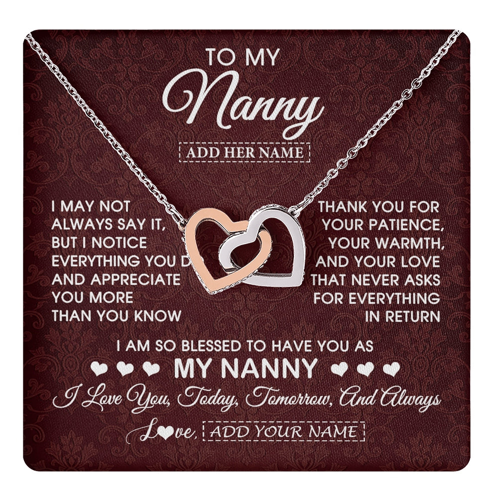 Interlocking Hearts Necklace Stainless Steel & Rose Gold Finish | 1 | Personalized To My Nanny Gifts Necklace Meaningful Jewelry Pendant Gifts For Nanny Mothers Day Birthday Anniversary Christmas Custom Gift Box Message Card | https://teecentury.