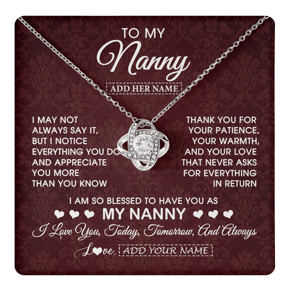 Love Knot Necklace 14K White Gold Finish | 1 | Personalized To My Nanny Gifts Necklace Meaningful Jewelry Pendant Gifts For Nanny Mothers Day Birthday Anniversary Christmas Custom Gift Box Message Card | https://teecentury.