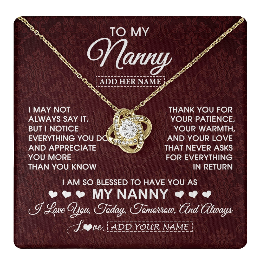 Love Knot Necklace 18K Yellow Gold Finish | 1 | Personalized To My Nanny Gifts Necklace Meaningful Jewelry Pendant Gifts For Nanny Mothers Day Birthday Anniversary Christmas Custom Gift Box Message Card | https://teecentury.