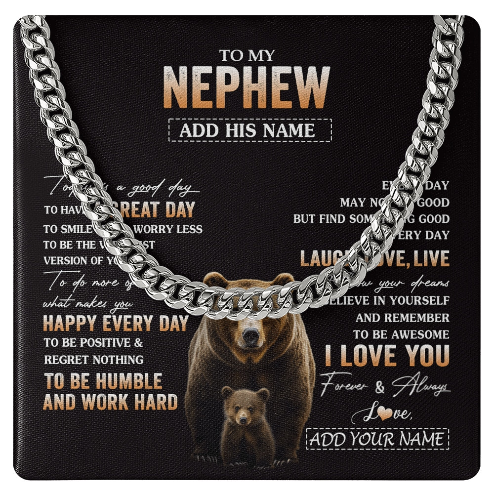 Cuban Link Chain Necklace Stainless Steel | 1 | Personalized To My Nephew Bear Necklace From Aunt Uncle Auntie Every Day Laugh Love Live Nephew Birthday Gifts Christmas Custom Gift Box Message Card | https://teecentury.