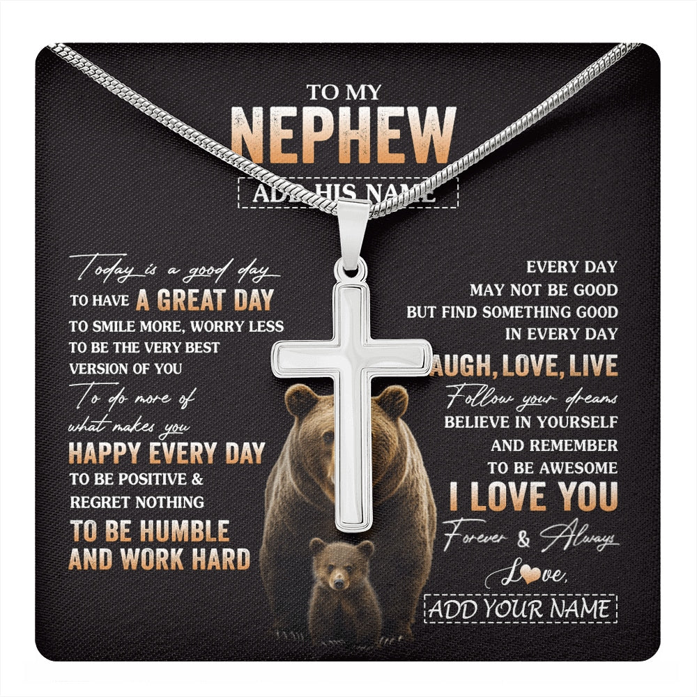 Stainless Cross Necklace Stainless Steel | 1 | Personalized To My Nephew Bear Necklace From Aunt Uncle Auntie Every Day Laugh Love Live Nephew Birthday Gifts Christmas Custom Gift Box Message Card | https://teecentury.