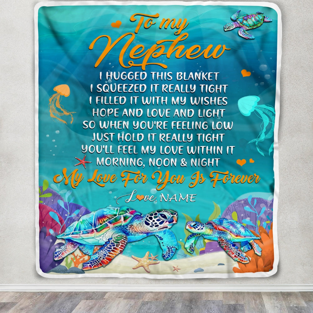 Personalized To My Nephew Blanket From Aunt Auntie Uncle I Hugged This Blanket Turtle Beach Nephew Birthday Thanksgiving Christmas Customized Fleece Blanket | teecentury